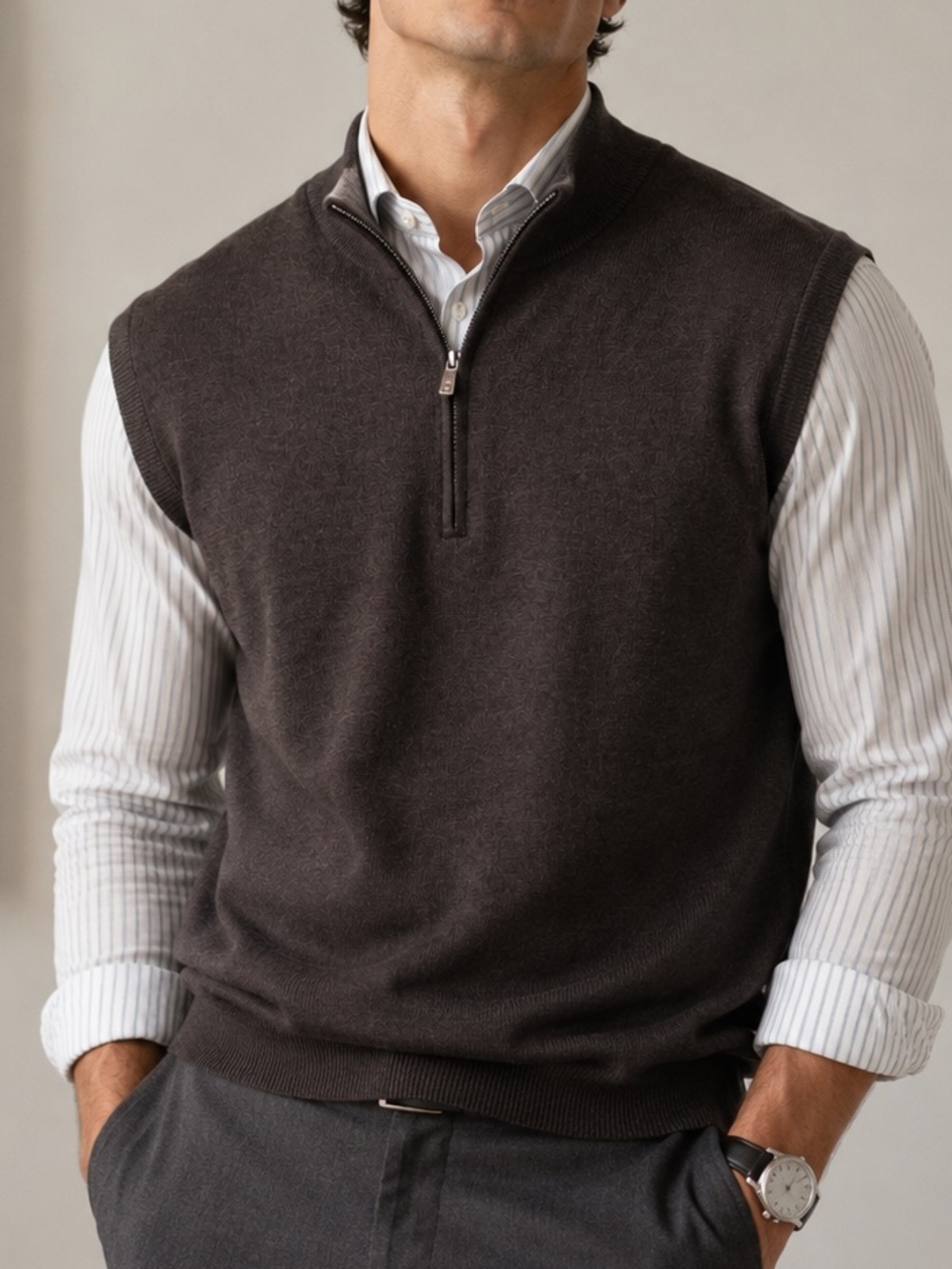 Peter Millar Merino Wool 1/4 Zip Sweater Vest Men’s Large Brown Golf Officewear